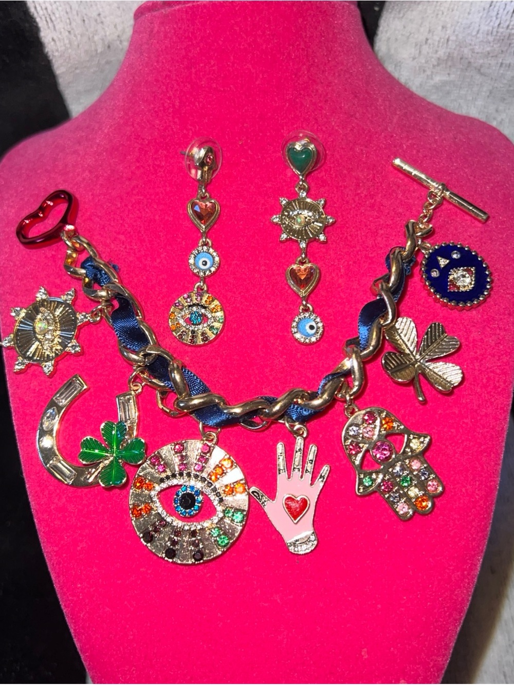 Betsey Johnson “Protect Ya Neck!”  Bracelet + Matching Earrings